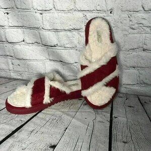 EVER FOAMS WOMENS CROSS BAND SLIPPERS‎ WINE MEMORY FOAM FUR LINING SIZE M 7/8